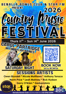 The flyer for the Benalla Bowls Club Country Music Festival 2026