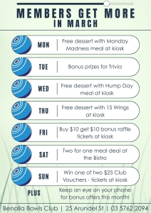 Flyer showing members benefits at the Benalla Bowls Club in March 2026