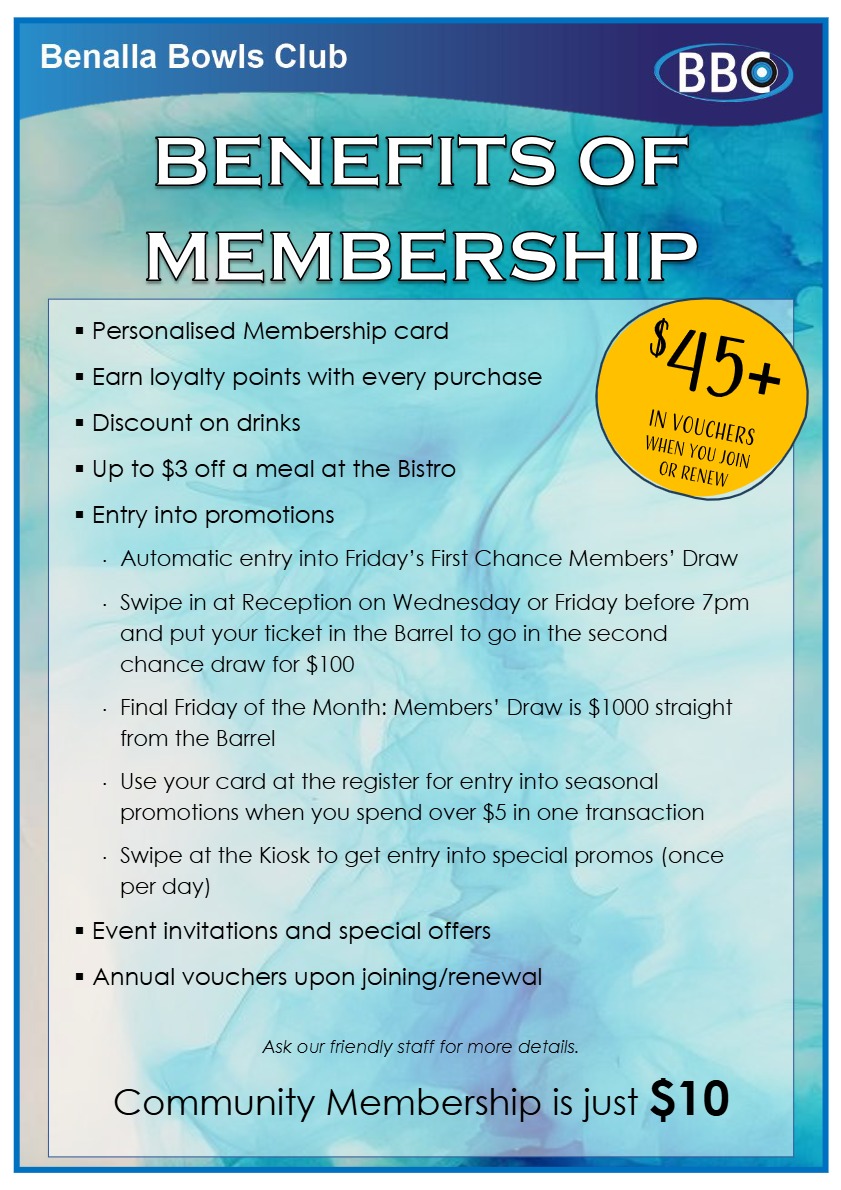 Membership at the Benalla Bowls Club comes with a range of benefits!